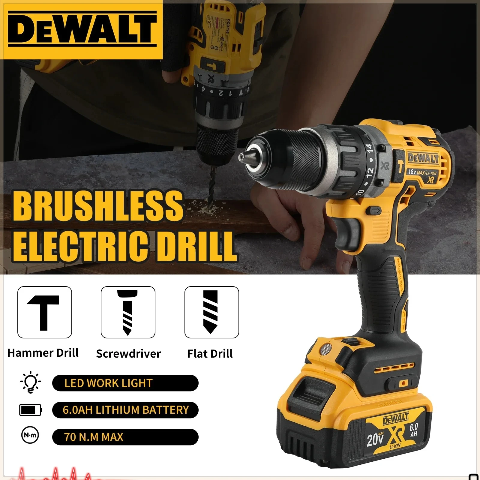 Батарея Dewalt 20 В DCD796 13 мм Бесщеточная ударная электрическая дрель Многофункциональная аккумуляторная отвертка Перезаряжаемые электроинструменты