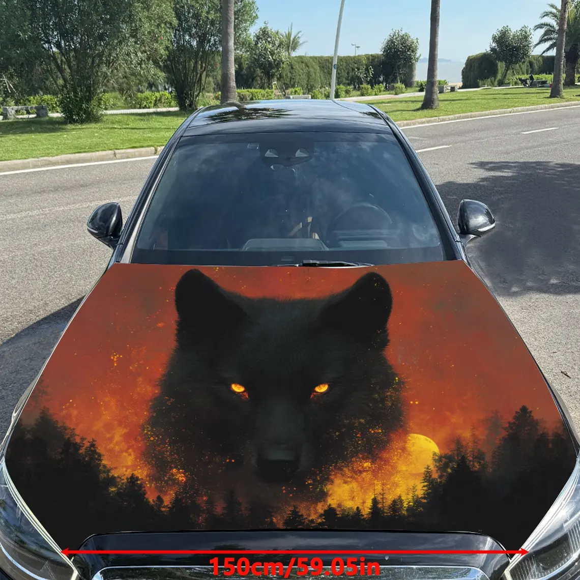 Vigorous Orange - Eyed Black Wolf with Full Moon Car Vinyl Wrap, PVC Material Waterproof Car Hood Sticker, Self-Adhesive Scratch