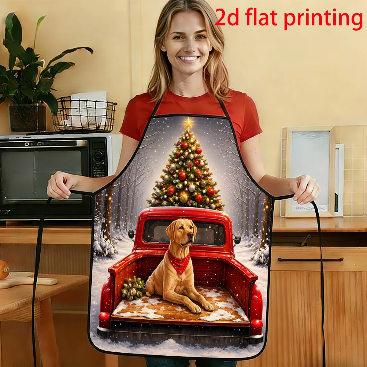 1pc 2D Flat Vintage American Snowy Forest Red Truck Houndstooth Christmas Tree Pattern Printed Apron Durable And Easy To Clean A