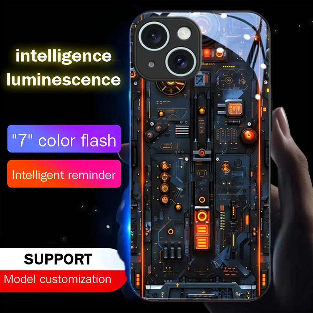 Fashion Gift Circuit Board Sound Control LED Flash Case Luminous Glass Cover For iPhone Air 17 16 E 15 14 13 12 11 Pro Max Plus