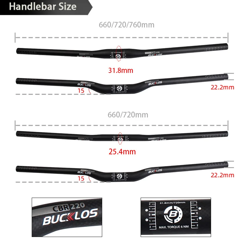 BUCKLOS Carbon Fiber Mountain Bike Handlebar 25.4/31.8mm*660/720/760 Bicycle Handlebar Flat Riser MTB Handlebars Carbon Bar