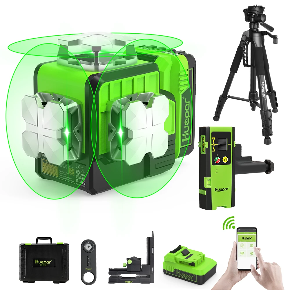 Huepar P03CG 12-lijnen 3D-laserniveau Horizontale verticale zelfnivellerende groene straallaserniveaumiddel met afstandsbediening en statief / detector - afbeelding 2