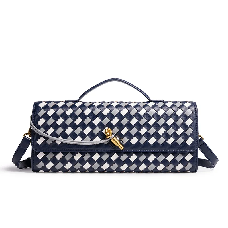 Cross-Border Spring Summer New Woven Soft Leather Dinner Bag Long Bread Bag Accordion Bag Horizontal Handbag Shoulder Bag
