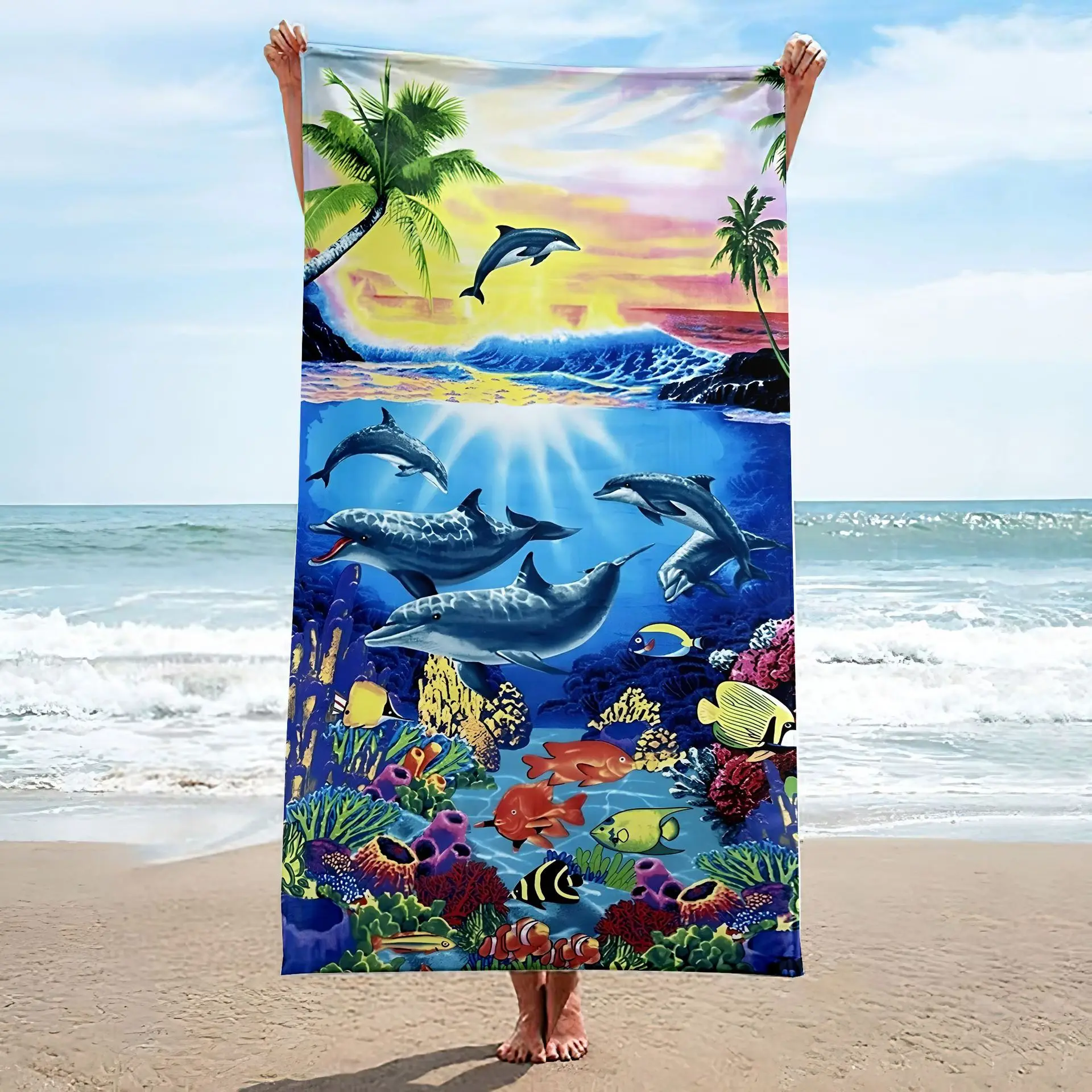 Dolphins and Ocean Underwater Beach Towel Patterned Sunscreen And Windproof Suitable For Swimming Pool Camping Travel Blanket