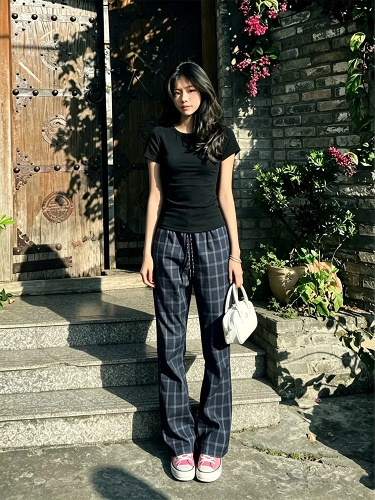 Cleanfit Dark Blue Plaid Straight Leg Pants Men Women Summer Thin American Style Micro Flared Pants Drapey Couple Straight Le...