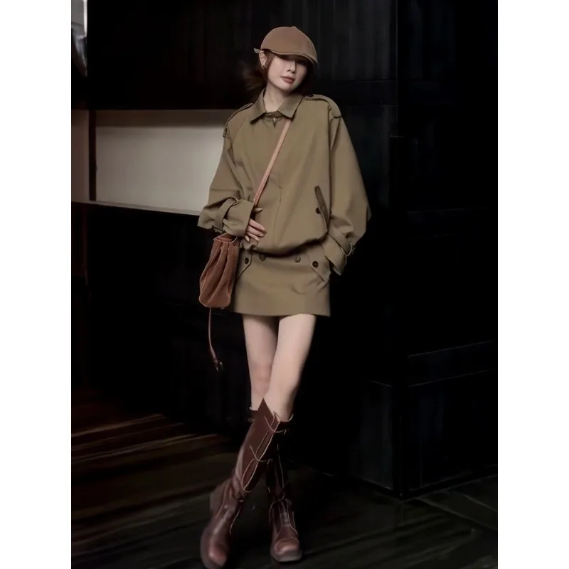 

Maillard-style 2025 Autumn and Winter New American Retro Lapel Leather Jacket Coat with A Sense of Design Skirt for Women