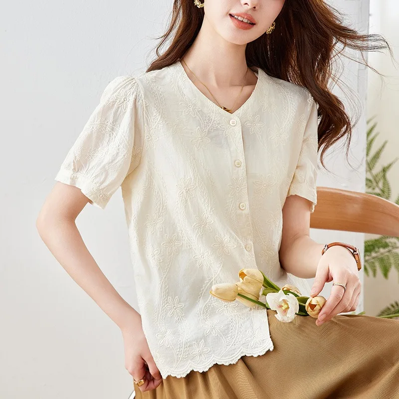 

Apricot V-neck Shirt Women's Short Sleeves 2026 Summer Cotton Embroidered Top Temperament Lady Shirt