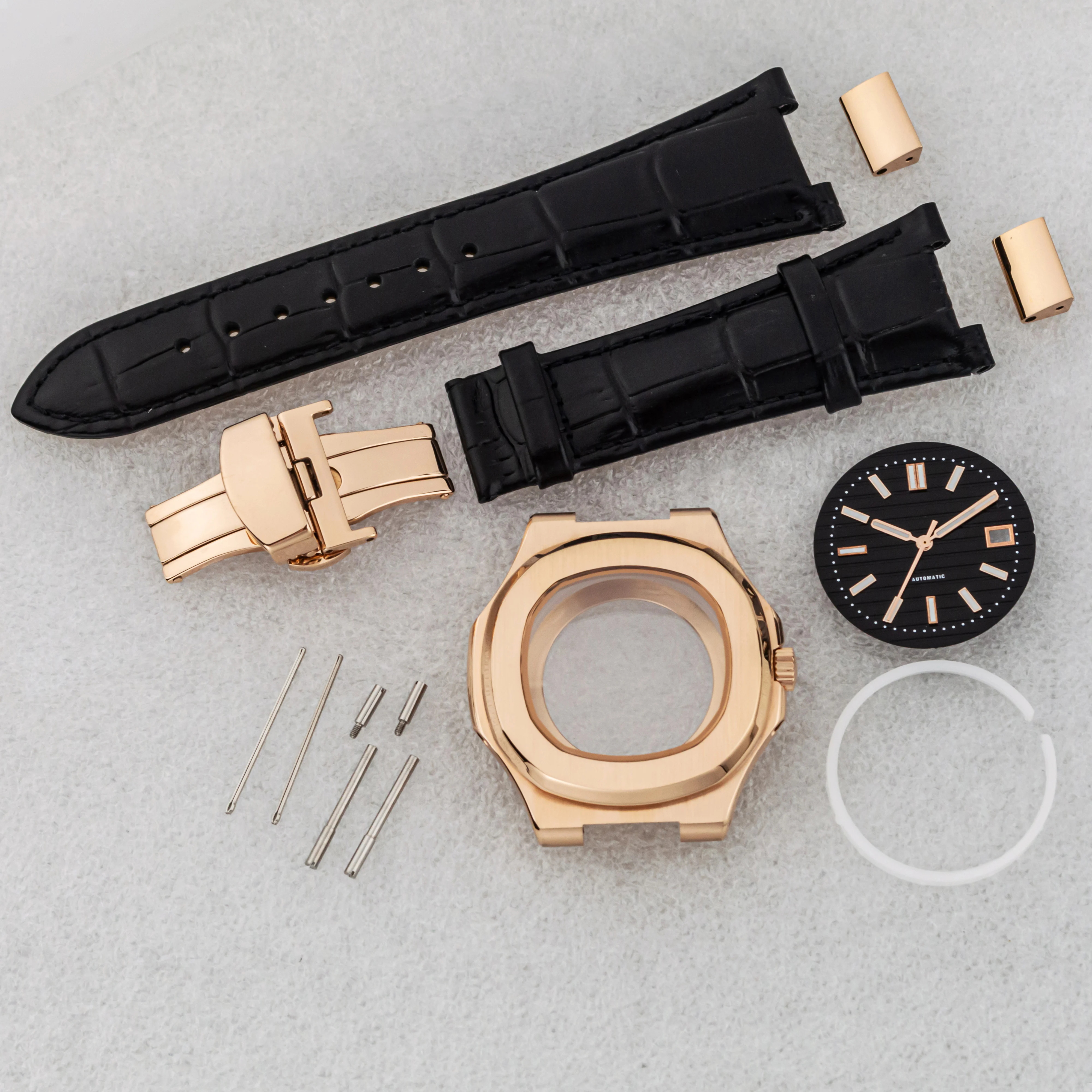 

Rose Gold Sapphire Glass Watch Case Genuine Leather Strap 30.5MM Luminous Dial Hands for Nautilus NH35 NH36 Movement 41MM Case