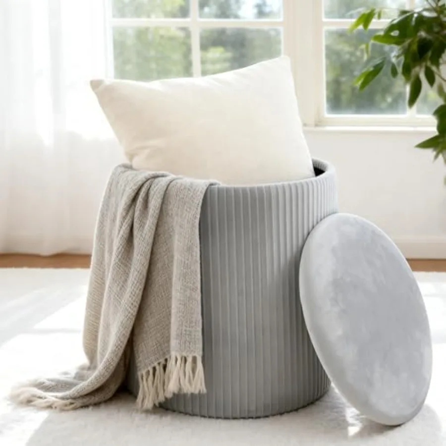 

Round Ottoman with StorageVelvet Upholstered Vanity Stool and Folding Feet Rest Coffee Table for Living Room Bedroom Gray