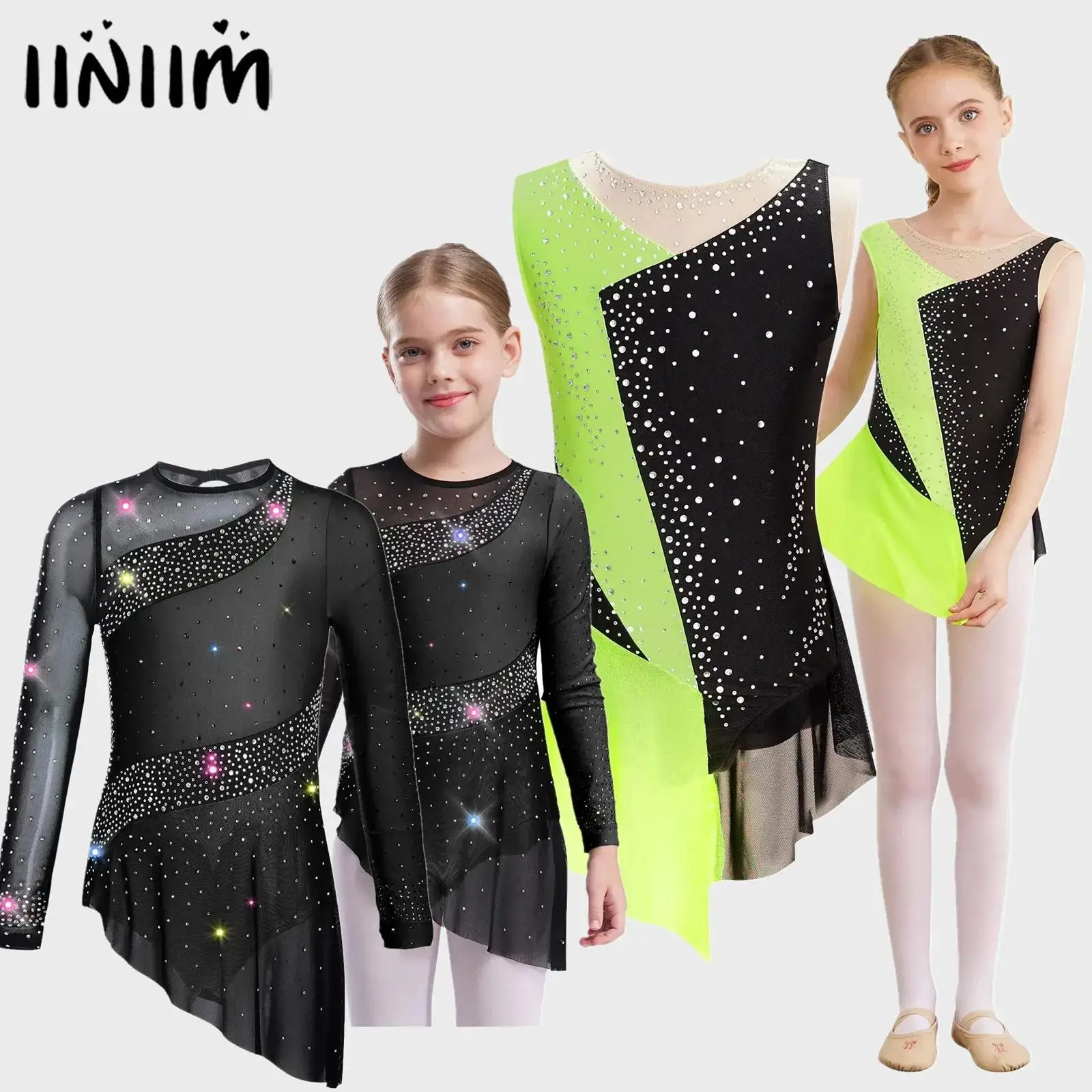 

Kids Girls Sparkling Rhinestones Ballet Jersey Lyrical Dance Dress Rhythmic Gymnastics Leotard Artistic Figure Skating Costume