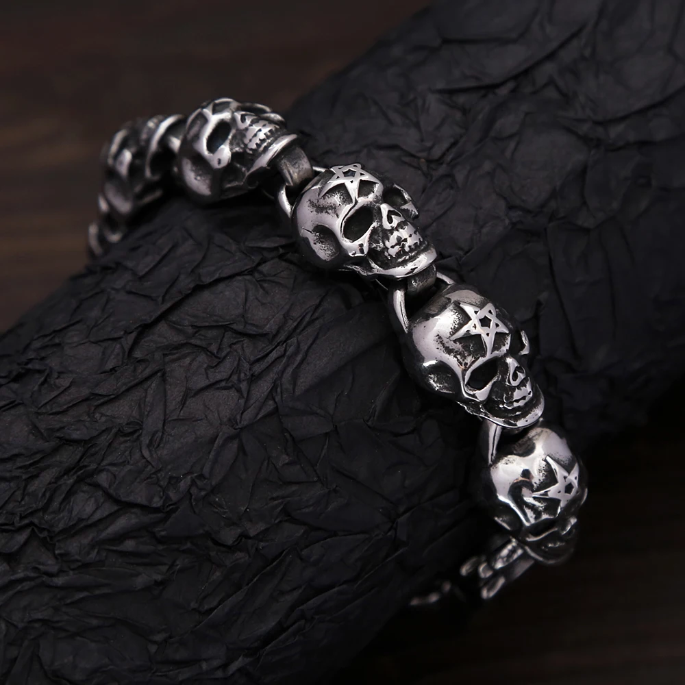 Punk Vintage 316L Stainless Steel Skull Bracelets For Men Boys Gothic Hip Hop Skeleton Bracelet Fashion Charm Jewelry Wholesale