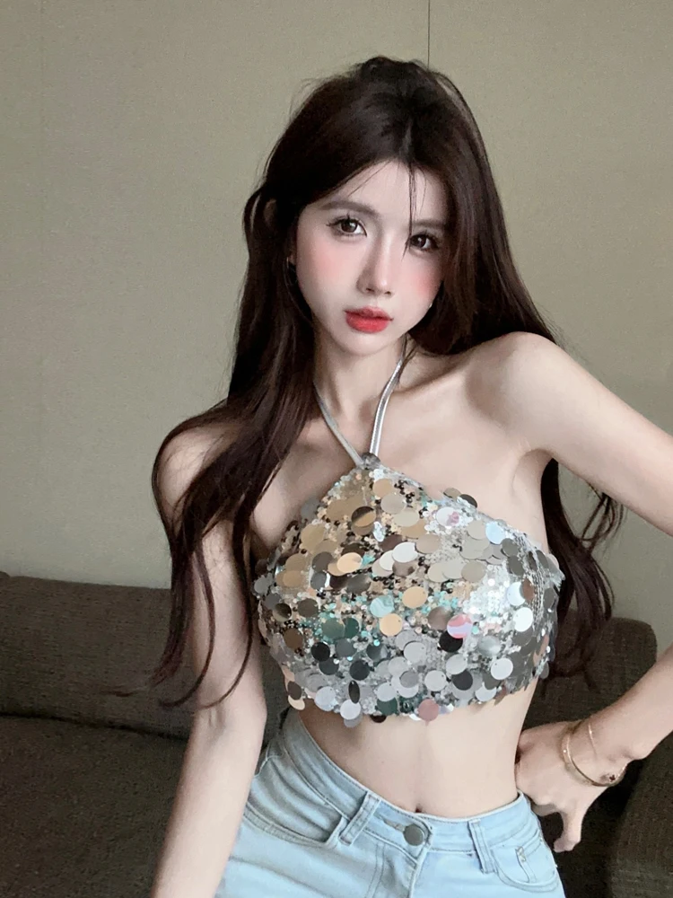 Sexy Short Wrap Chest Vest Strapless Bright Sparkling Sleeveless Top Neck Hanging Design Slimming Trendy Women's Summer Crop Top