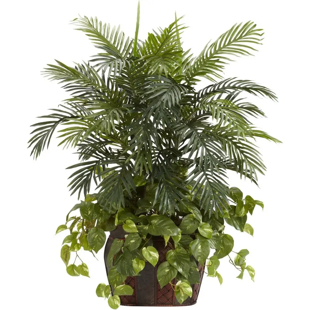 

3.5-Foot Tall Double Areca Vase with Pothos Silk Plant, Green