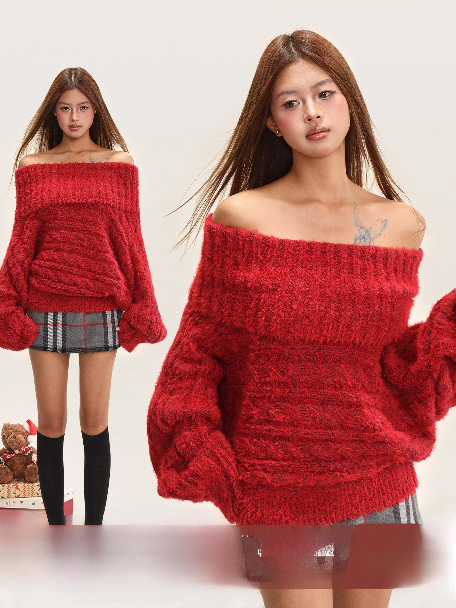 

iyue New Year One-oulder Knitted Sweater Women's Autumn Winter Thiened oulder Bared Loose Fitting Long Sve Top