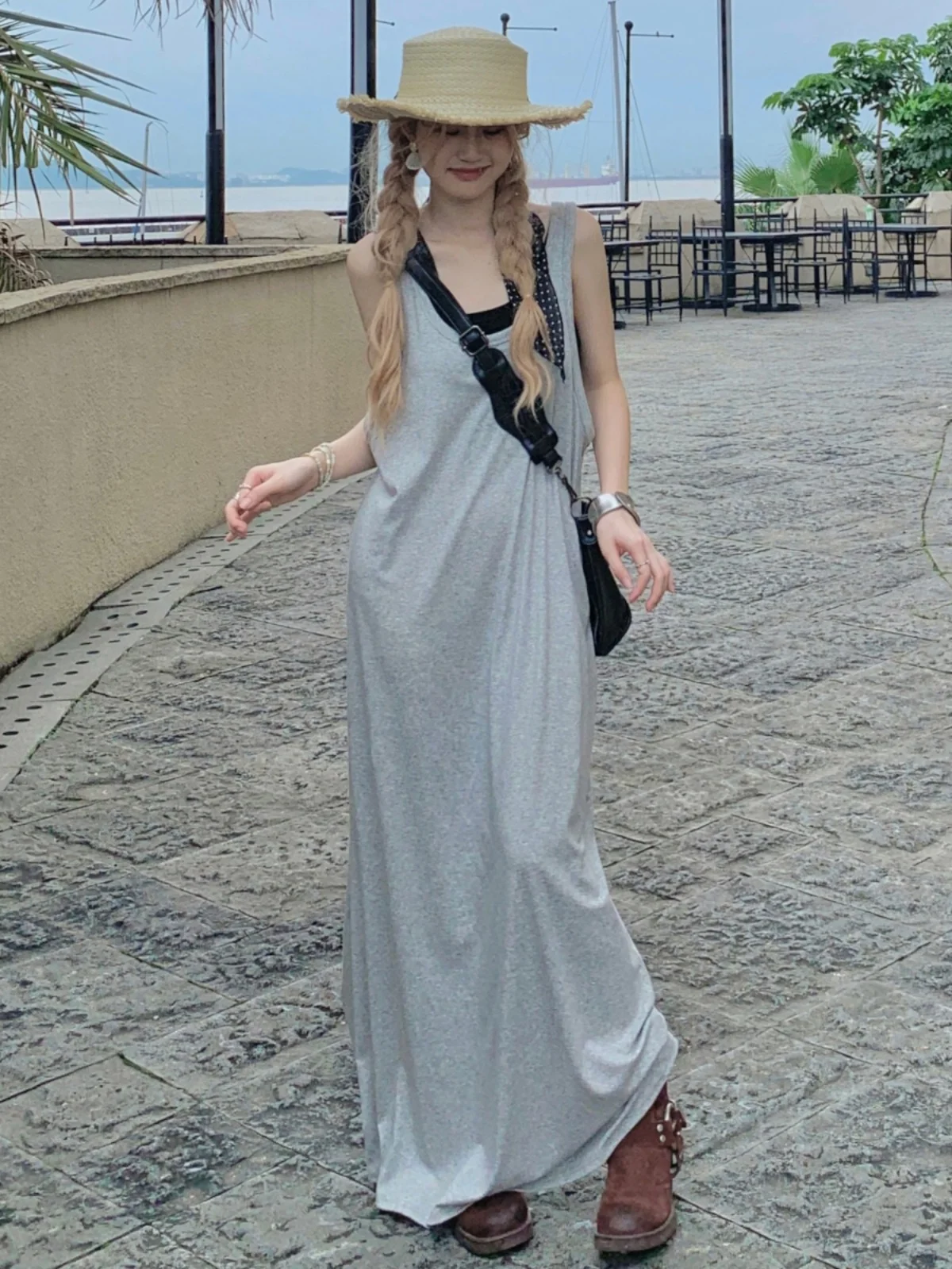 

plus Size Grey Strapless Dress Casual Loose Style Summer New Vintage Slimming Long Mid-Length Skirt for plus Size Women