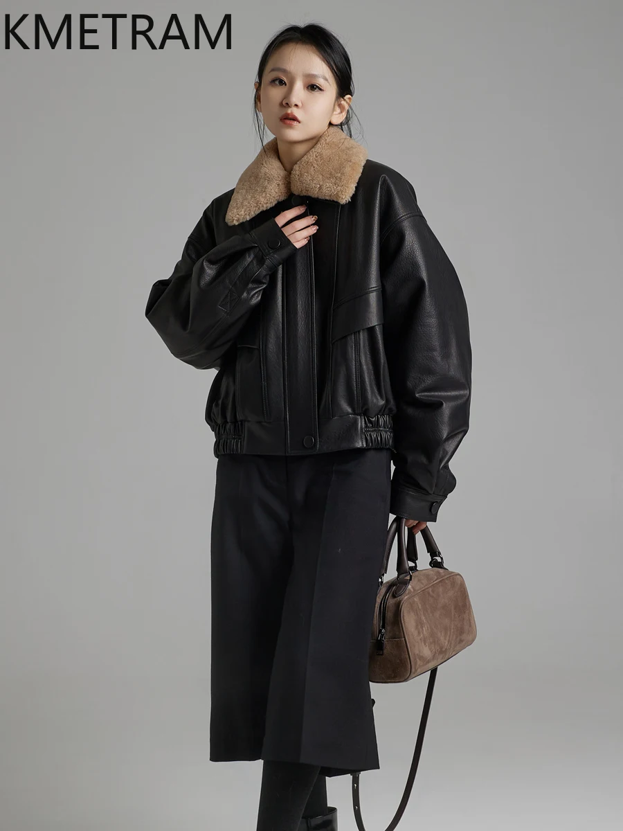KMETRAM peau de mouton naturelle veste en cuir véritable femmes avec col détachable mérinos 2025 automne court nouveaux vêtements d'extérieur ropa mujer