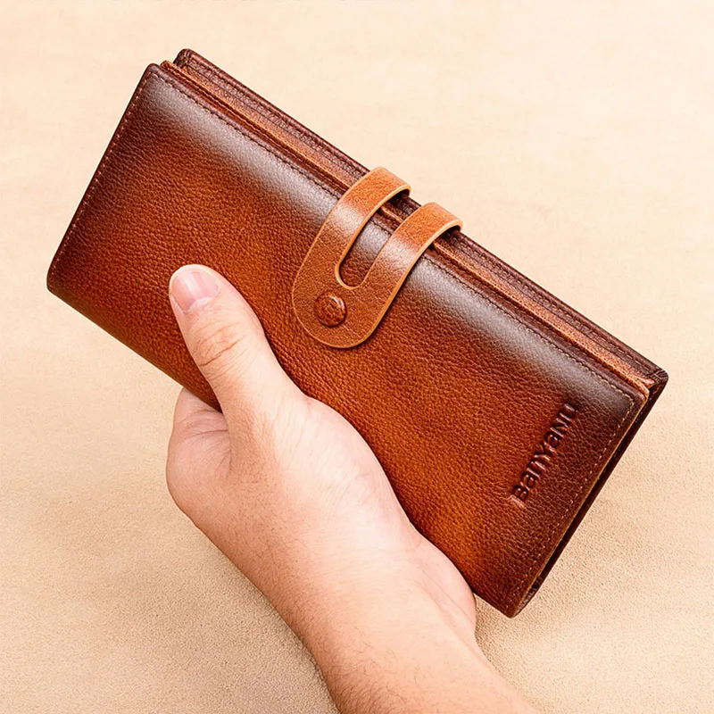 Wallet Man Leather Vintage Casual Long Black Large Capacity Cow Leather Wallet Mobile Phone Bag New Business Wallet Man