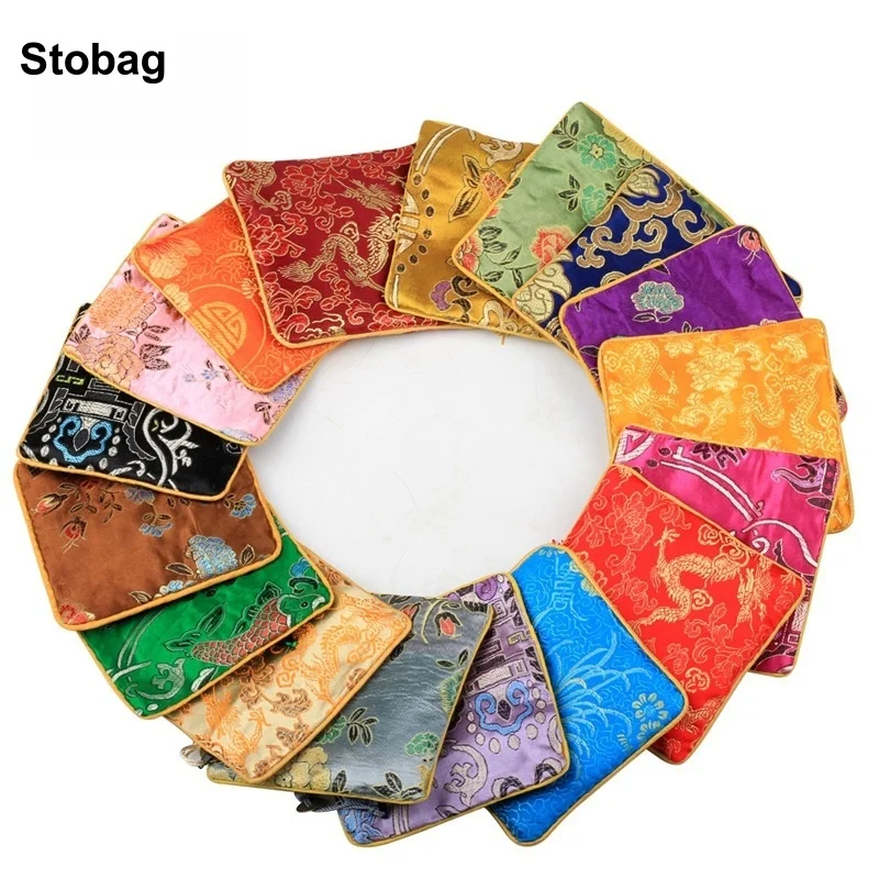 

StoBag 5pcs Chinese Silk Cotton Zipper Bag Small Embroidery Handmade Fabric Gift Jewelry Package Storage Pocket Reusable Pouch