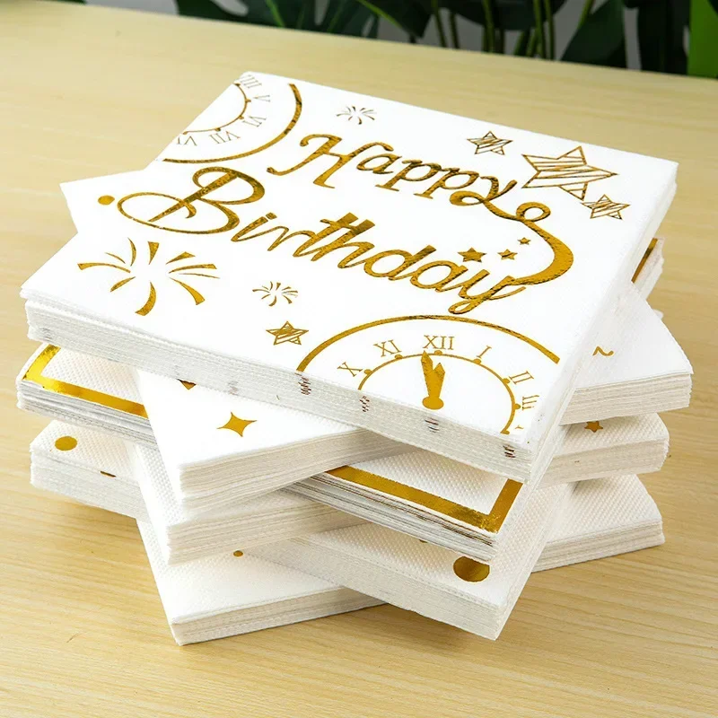 60pcs/pack Disposable Napkins for Birthday Parties Happy Birthday Hot Stamping Printed Napkins Party Decoration Folding Tissue