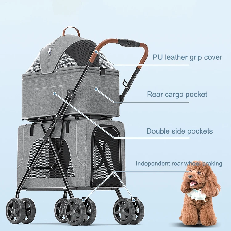 Kinderwagen voor 2 honden of katten Lichtgewicht opvouwbare dubbellaagse kinderwagen met afneembare drager