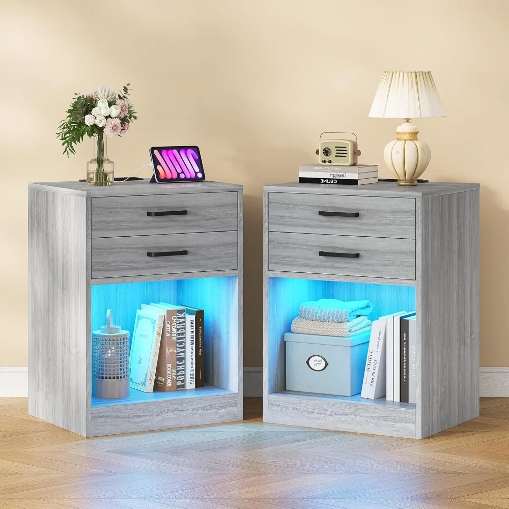 

LED Nightstands Set of 2,Night Stands for Bedrooms Set of 2,Nightstand with Charging Station and LED Lights,Bedside Tab