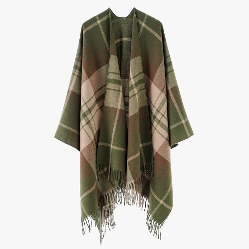 Women Classic Plaid Tassel Poncho Open Front Cape Wrap Shawl Thick Faux Cashmere For Autumn Winter European American Style