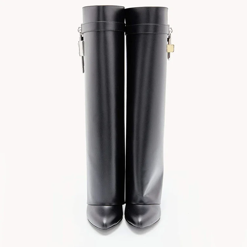 Women Shark Lock Pants Boots Women Wedge Brand Fold Knee High Heel Black Red Female Boots