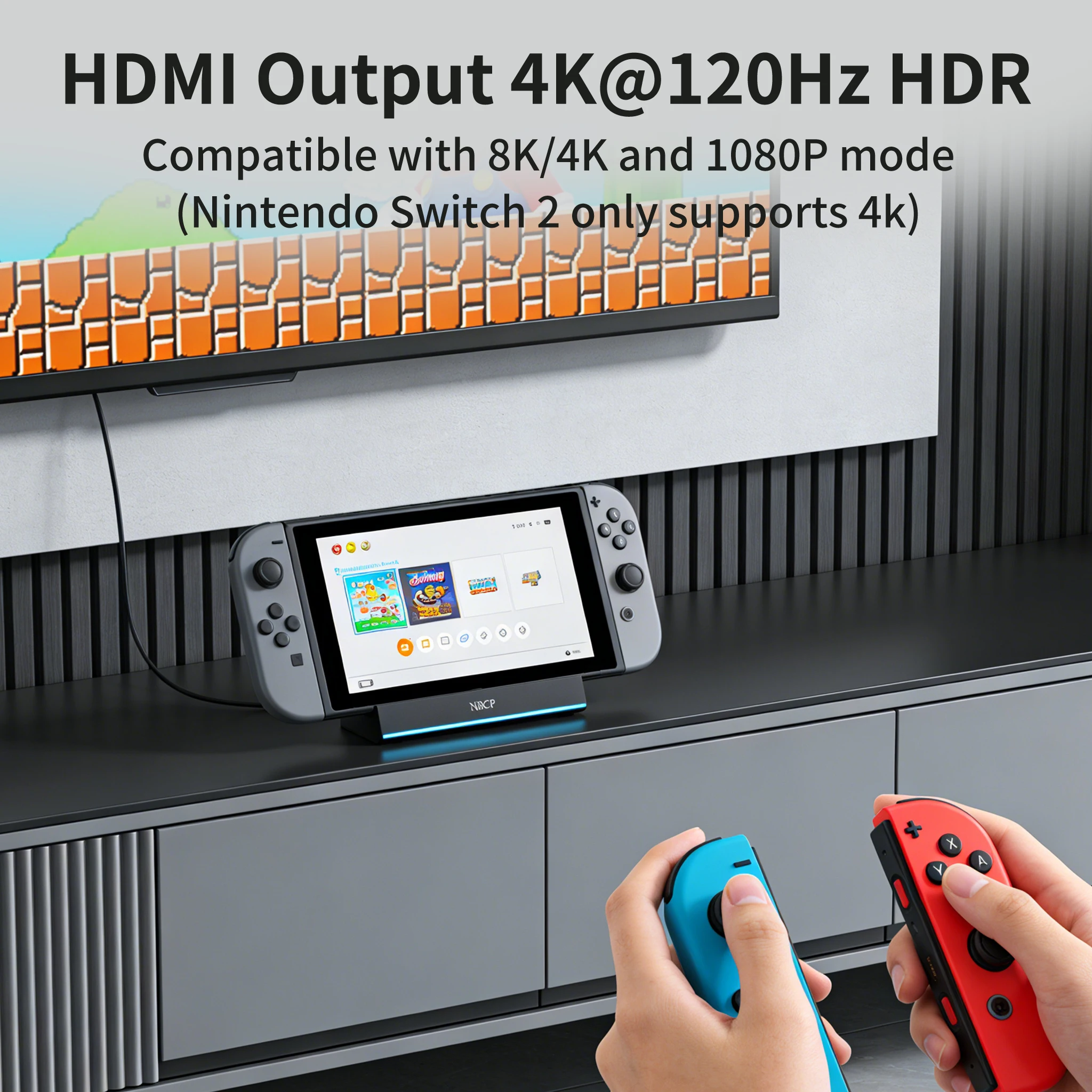 For Switch2 Portable Dock, HDMI 2.0 4K/60Hz100W PD Fast ChargeUSB 3.0+2.0 HubOne-Key Switch TV/Handheld, Type-CVideoAdapter