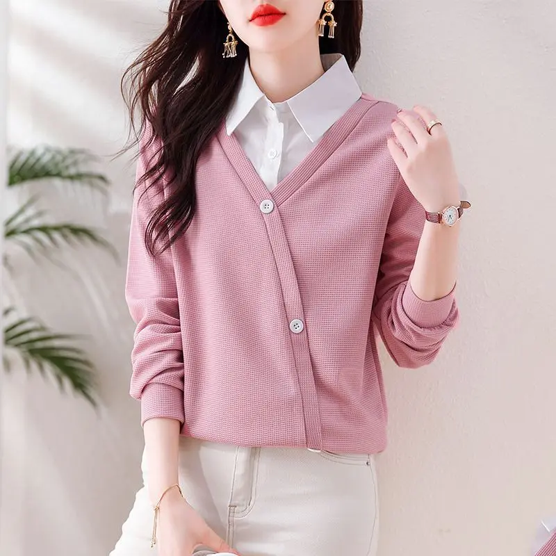 Spring Autumn Long Sleeve Patchwork Fake Two Piece Tops Polo Neck Contrast Loose Casual T Shirts Vintage Elegant Women Clothing