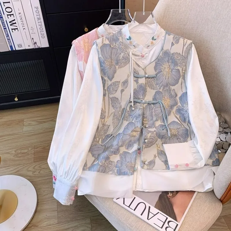 

Осенняя новая изысканная блузка в китайском стиле, женская модная рубашка с лягушкой и жилет в национальном стиле, комплект