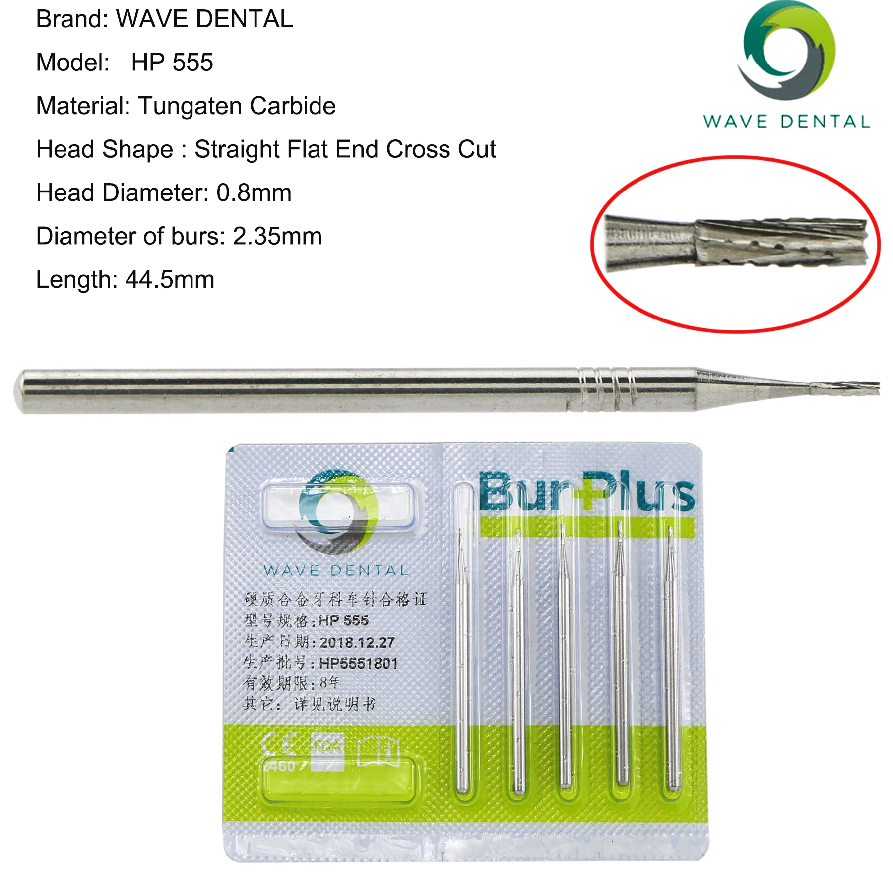 WAVE Dentistry Drill Dental Tungsten Carbide Burs Straight Fissure Slow Burs 2.35mm For Straight Nose Cone Low Speed Handpiece