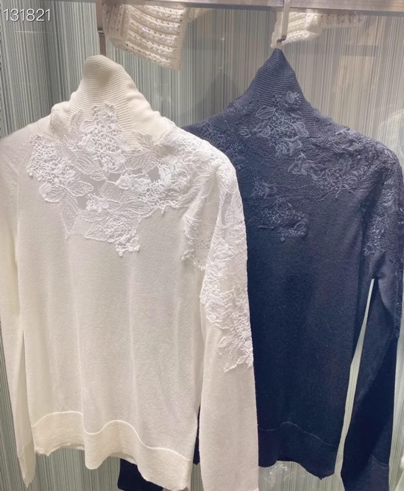 

Elegant Ladies Turtleneck Black Sweater Cashmere Spring Fashion Women White Top Sexy Embroidery Knitted Pullover With Lace
