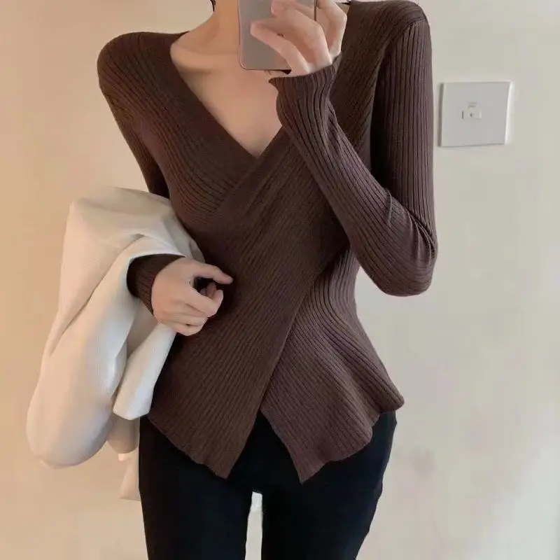 Women\'s Autumn and Winter New Fashion Minimalist Solid Color V-neck Cross Korean Versatile Long Sleeved Slim Fit Sweater Tops