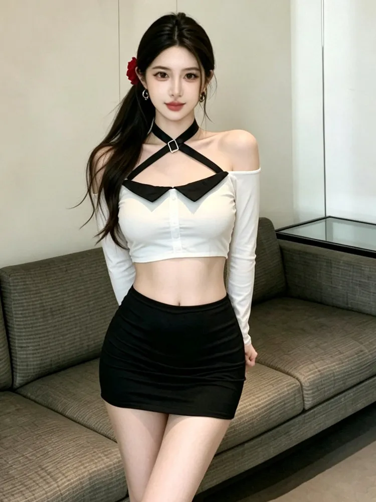 Sexy Hot Girl Cross Shoulder Neckline Long Sleeve Slim Fit Top And Skirt Two Piece Set Breathable Medium Thickness Non-Fur