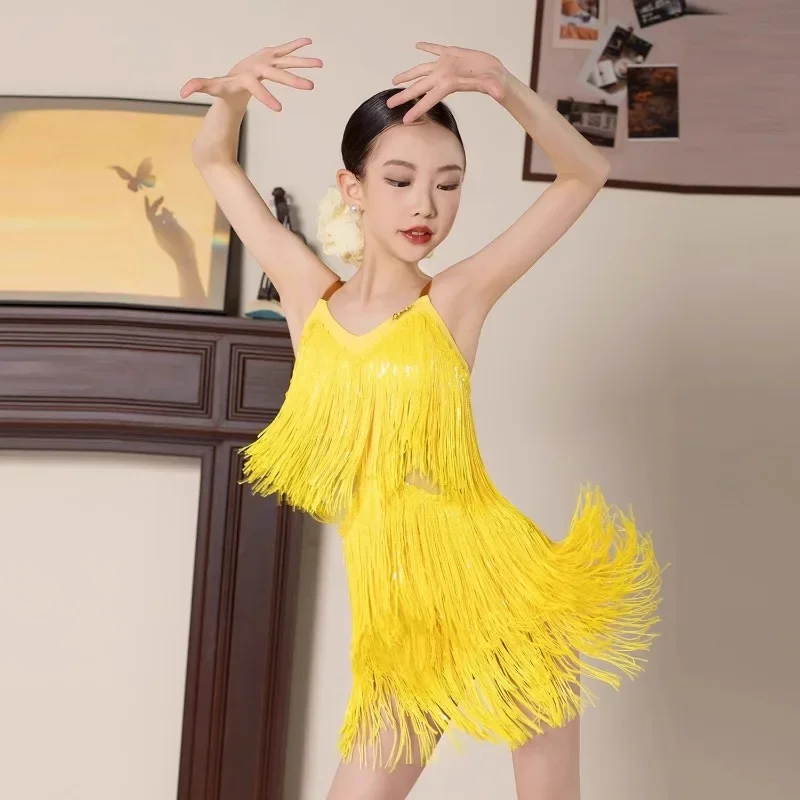 

Customized New Latin Dance Dress for Girls Two Tone Strap and Tassel Skirt Set Performance Costumes Practice Clothing Cha Cha