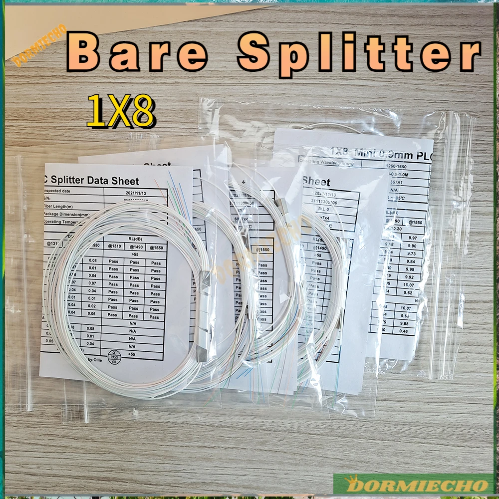 100% New 1x8 Fiber Optic Bare Splitter 10Pcs/Lot Mini Blockless 0.25mm without connector cable 2,4 Ports