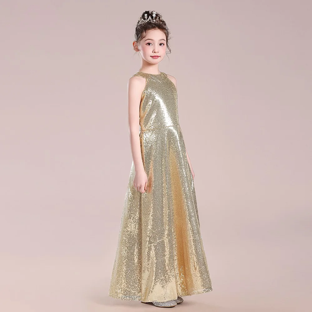 Mädchen Neckholder glitzernde Pailletten Teen Kleid Ballkleid Geburtstag Urlaub Kleid Prinzessin Kleid Kommunion Kleid/Custom