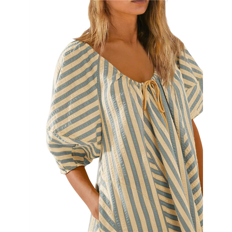 A83F-レディース オーバーサイズ ストライプ ロンパース ドレス ショートパンツ ジャンプスーツ ビーチ バケーション ウェア ポケット付き