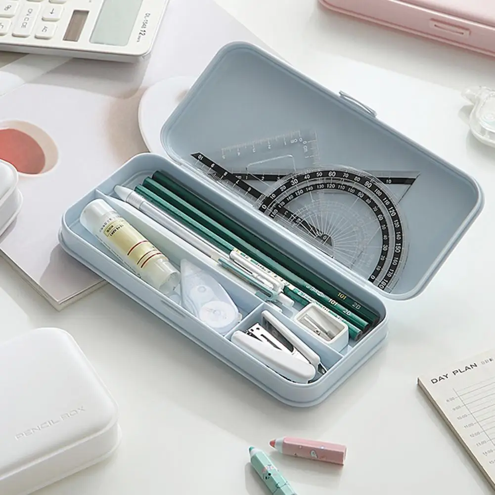 Stationery Box Portable Thin Large Capacity Macaron Color Stationery Case With Partitioned Storage Anti-Fall Shell Pen Organizer