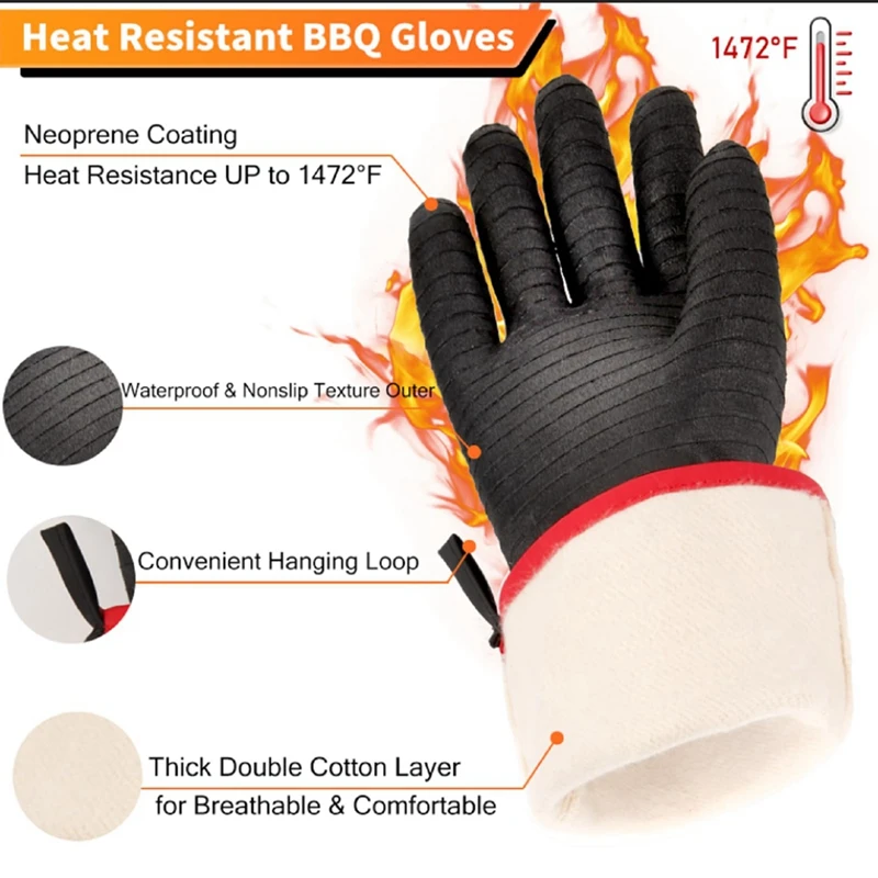 2 Piece BBQ Gloves - 1472°F Thicken Heat Resistant Gloves W/S-Hook 14 In Kitchen Oven Mitts Neoprene Waterproof Grill Gloves