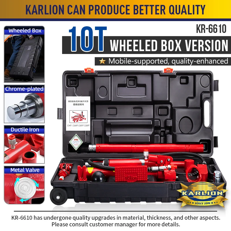 KARLION 10 Ton Chrome Plated Hydraulic Jack CE Certified Garage Repair Tool Plastic Tool Box Wheels 12-Month Warranty Model 3