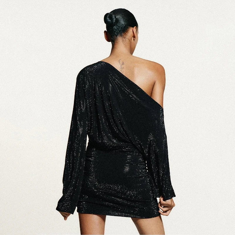 Women Fashion Shiny Rhinestone Short Dress Casual Long Sleeve One-piece Collar Waist Cinch Skirt New Commute High Street Outfit