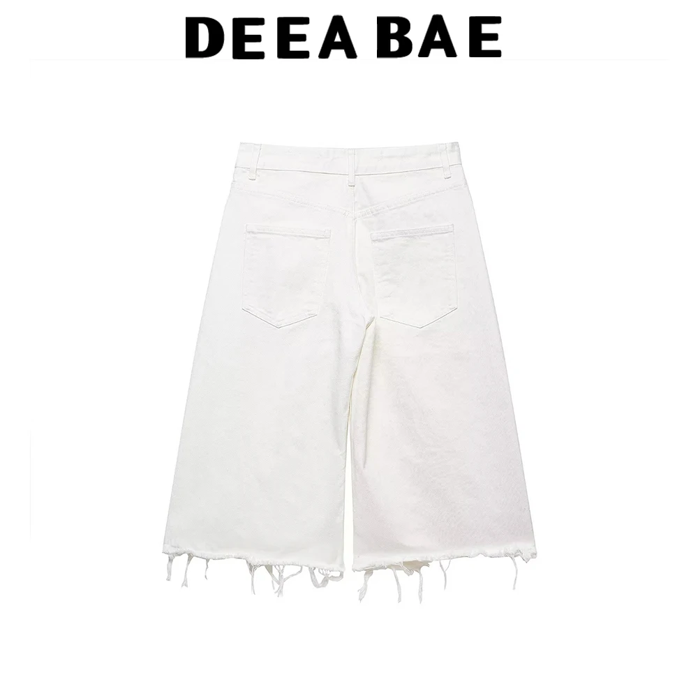 DEEABAE Spring new women's clothing white fringed denim straight leg casual and lazy style fashionable versatile cropped pants