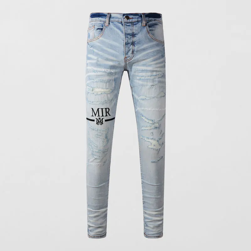 

Fashionable new men's jeans stretch slim fit washed water nostalgic light blue jeans high street designer hip-hop brand pants ho