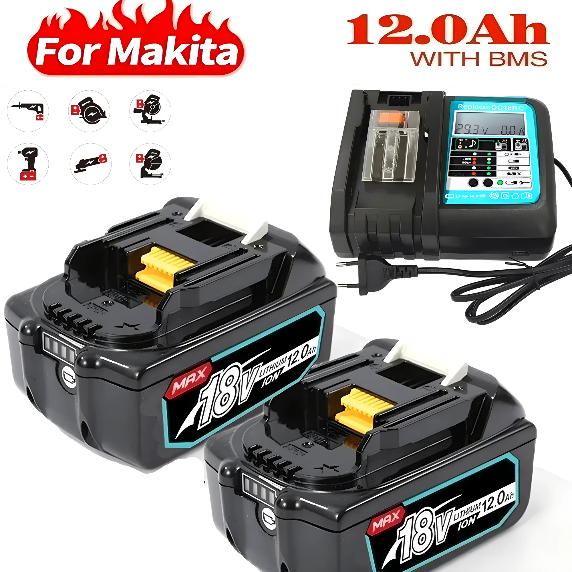 

Rechargeable Battery BL1860B 18V12000mAh Backup Battery For Makita 18VBL1860 BL1840 BL1850 Cordless Drill With DC18Rc 3A Charger