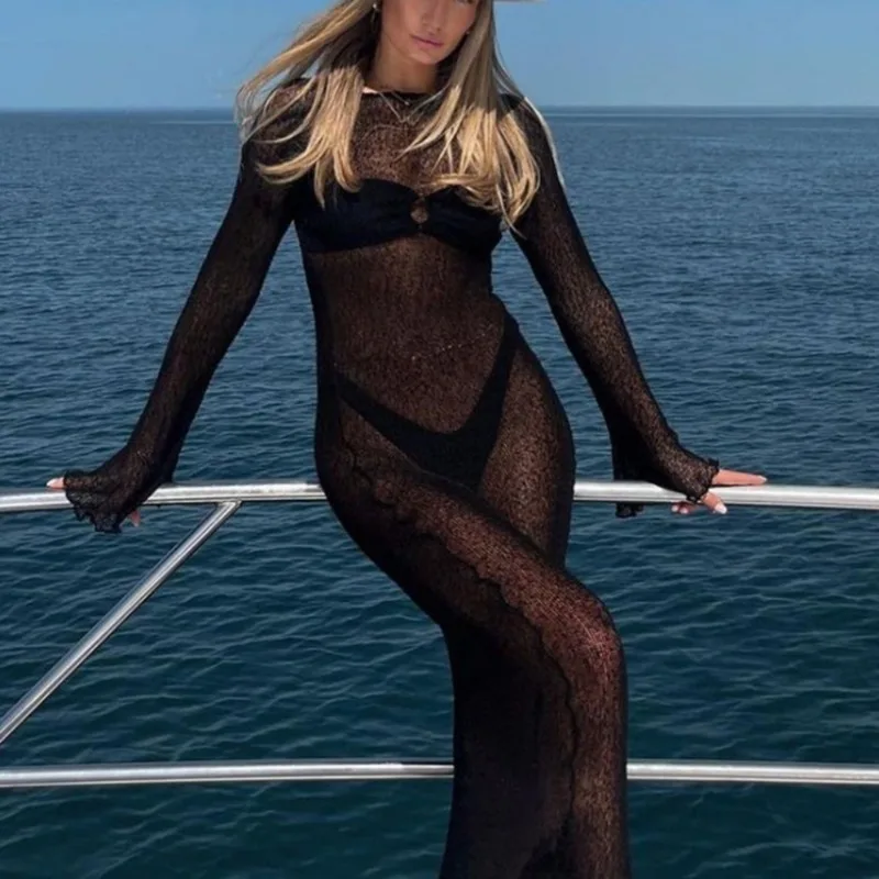 Talenza, vestido Sexy de vacaciones a la moda de verano transparente con espalda descubierta, vestido liso de manga larga para mujer, vestido de verano para fiesta en la playa y discoteca
