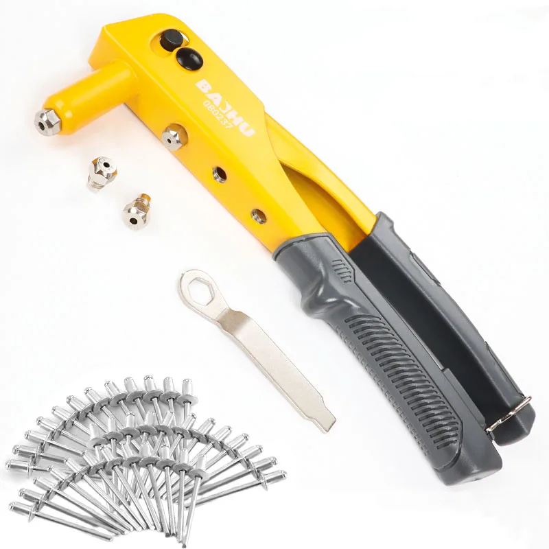 4-in-1 Hand Riveter Heavy Rivet Gun with 100 Rivets Rivet Nut Tool 2.4/3.2/4.0/4.8mm 4 Interchangeable Nosepieces Alloy Nail Gun