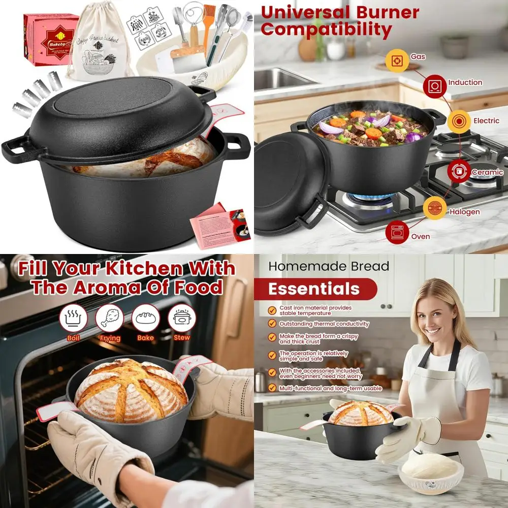 

Cast Iron Dutch Oven for Sourdough Bread Baking - Includes Skillet Lid, Proofing Basket, and Lame for Traditional Bread Making