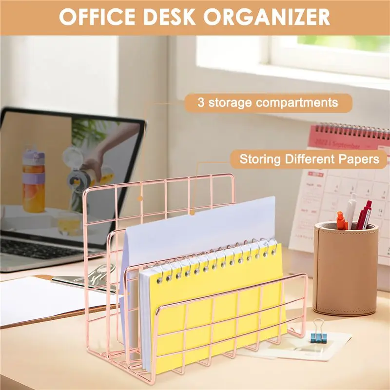 A67M-Bookshelf Office Desktop Rose Gold Metal Book Block Three Layer Desktop Magazine Shelf Book Holder