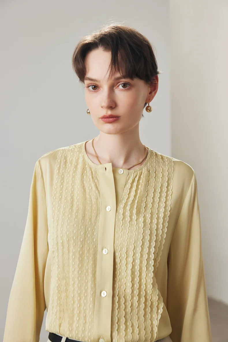 90% Silk 10% Spandex Women's Shirt O Neck Long Sleeves Ruffles Elegant Fashion Blouse Tops